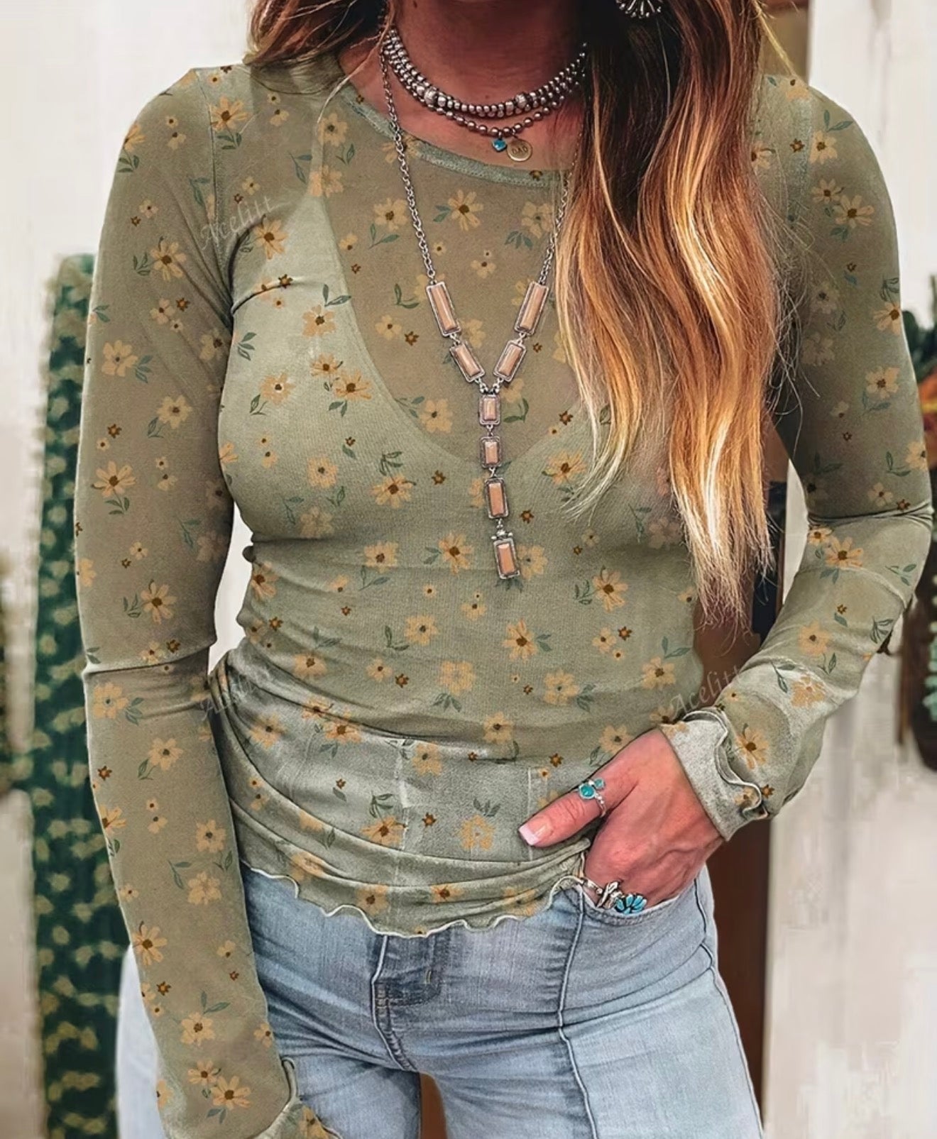 Semi Sheer Lace Flower Top