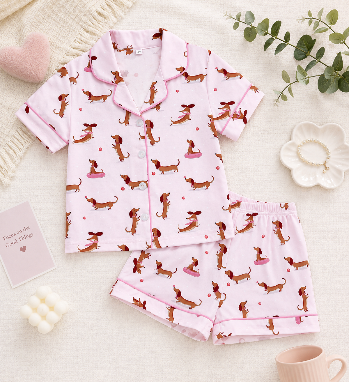Kids Pink Dog Pj Set